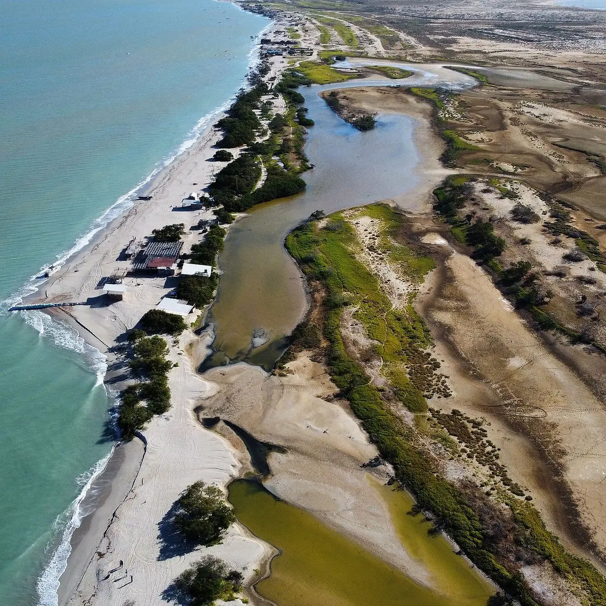 Aerial view of Mayapo beach and its coastal lagoons in La Guajira